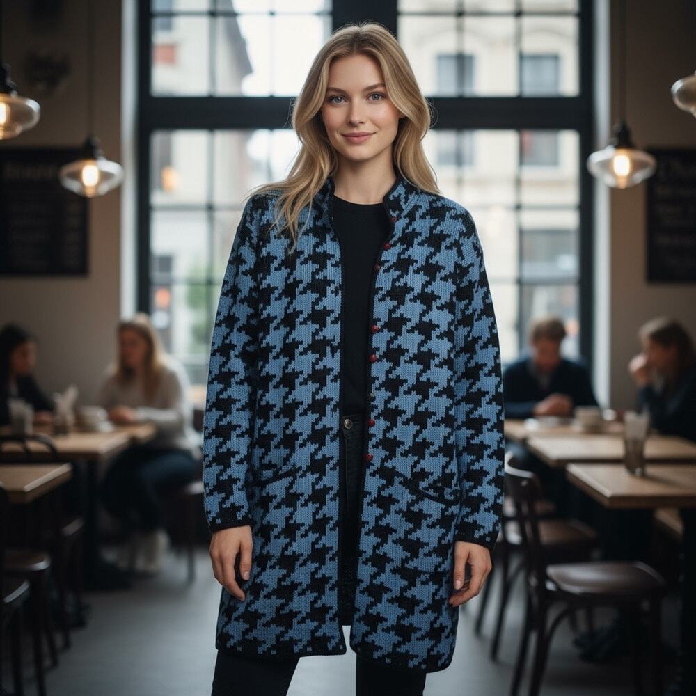 Vintage French Rags Houndstooth Button Down Knit Sweater Cardigan 3 (XL)